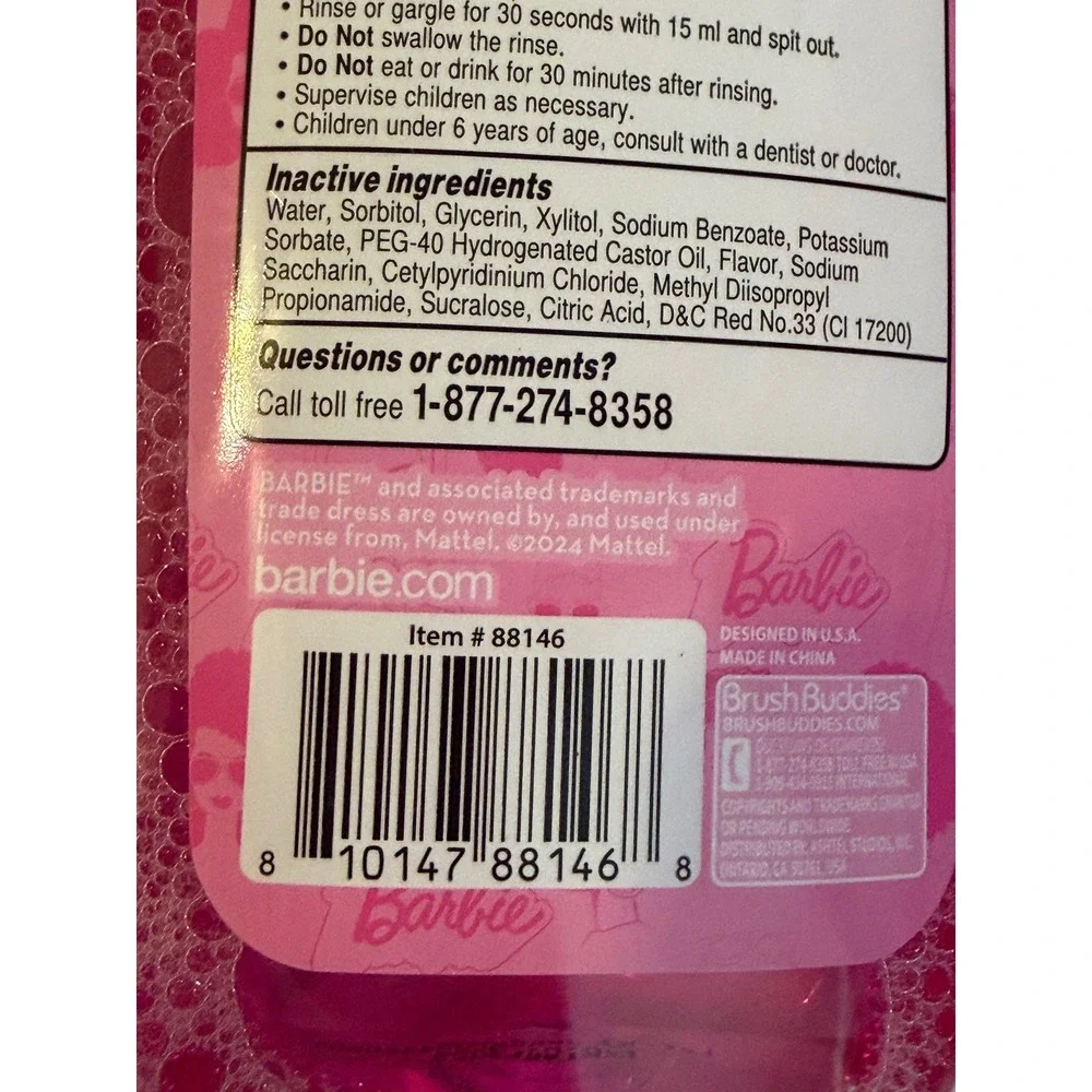 Barbie Brush Buddies Anticavity Fluoride Mouthwash Bubble Gum 12oz 2 Pack 88146